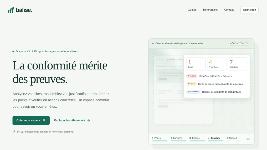 Page d’accueil de Balise : « La conformité mérite des preuves. », avec une démonstration de constats classés.